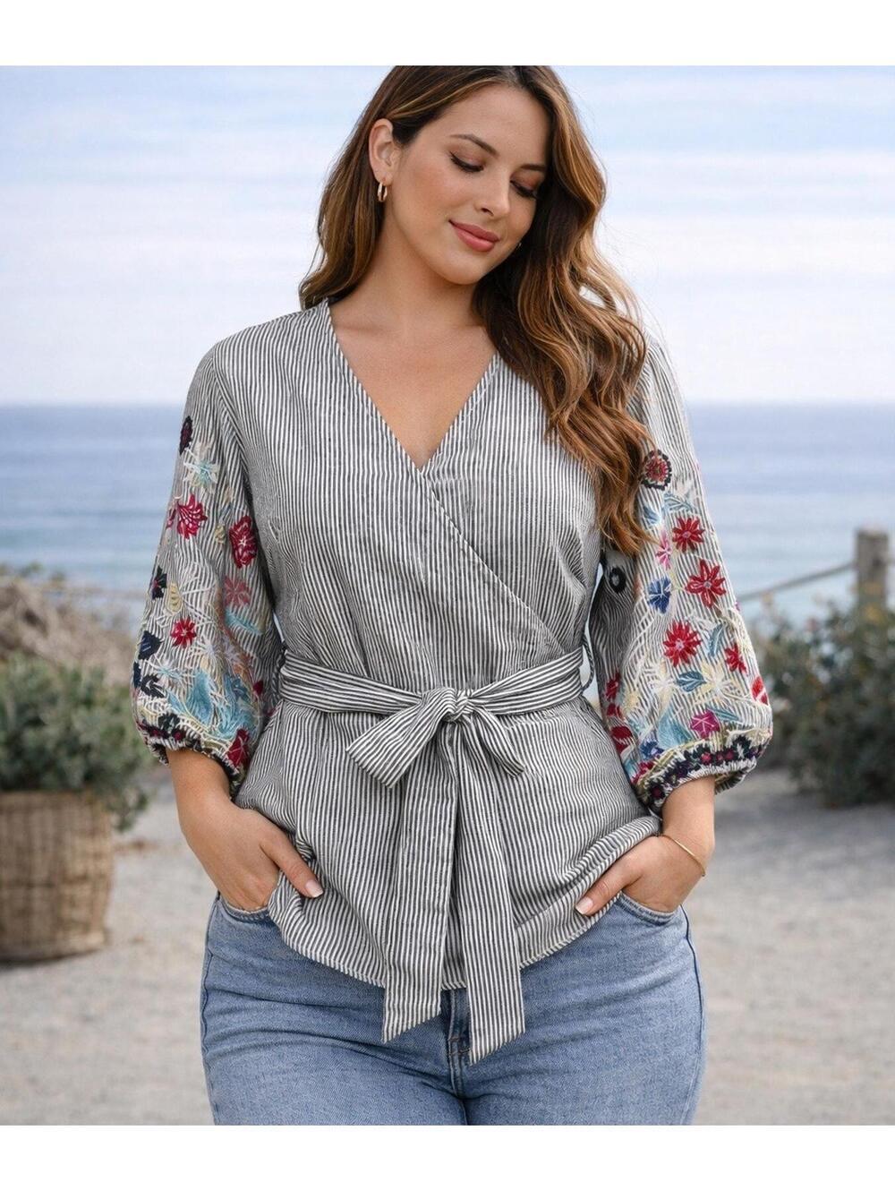 RD & Koko Striped Wrap Blouse XS Embroidered Sleeve Tie Waist Boho Peasant